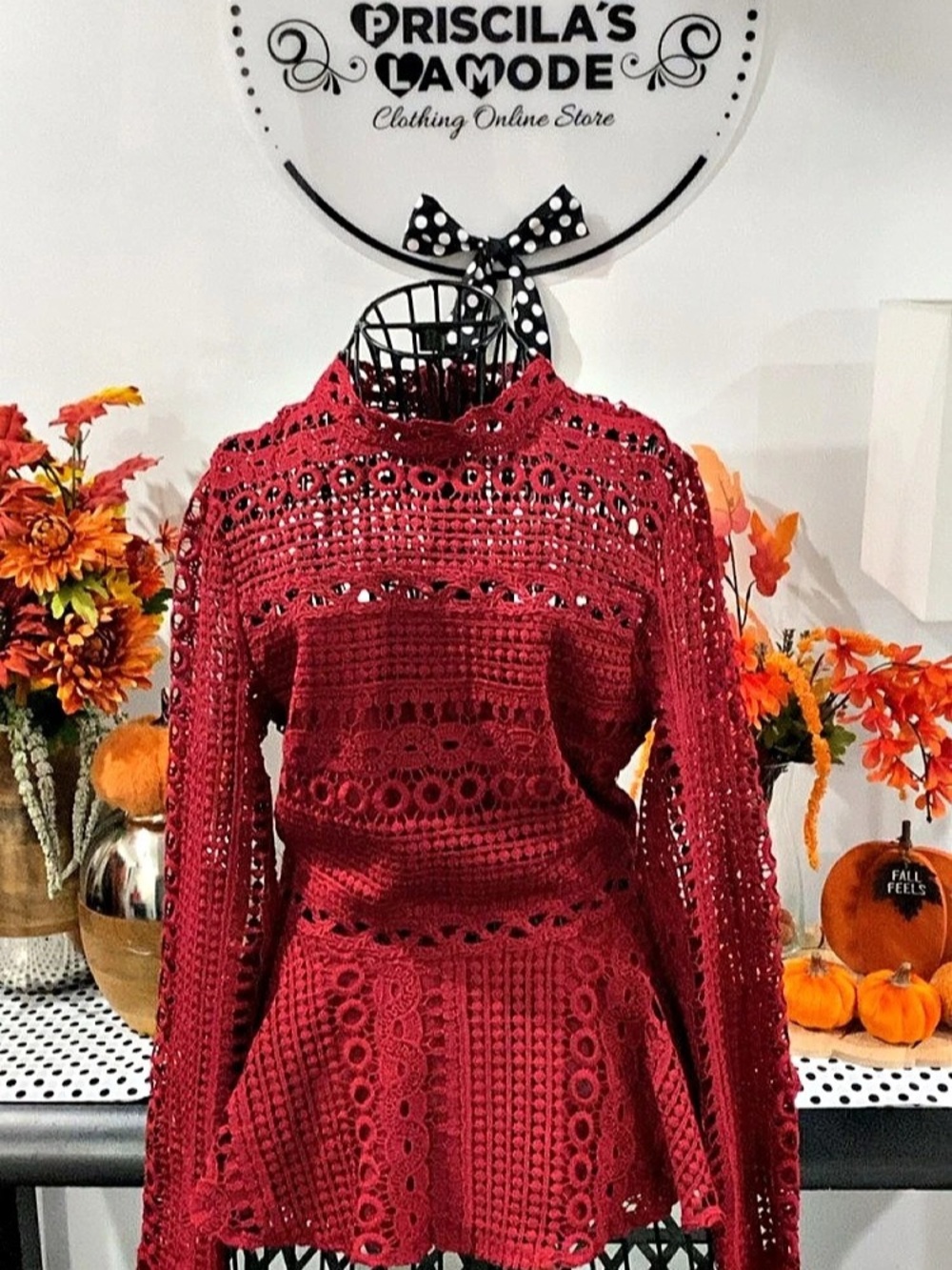 Endless rose Eyelet Lace Peplum Top in Red Size Small